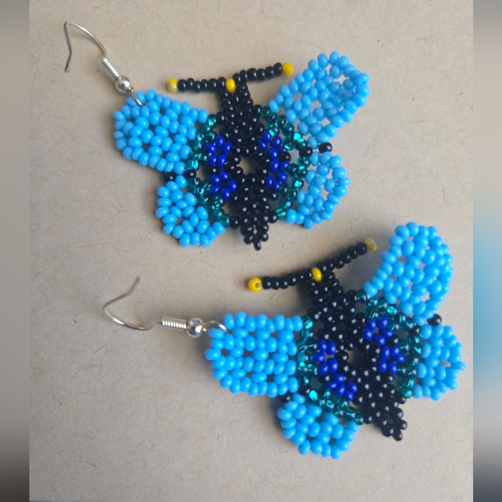 Blue and Black Butterfly Earrings with Intricate Beadwork